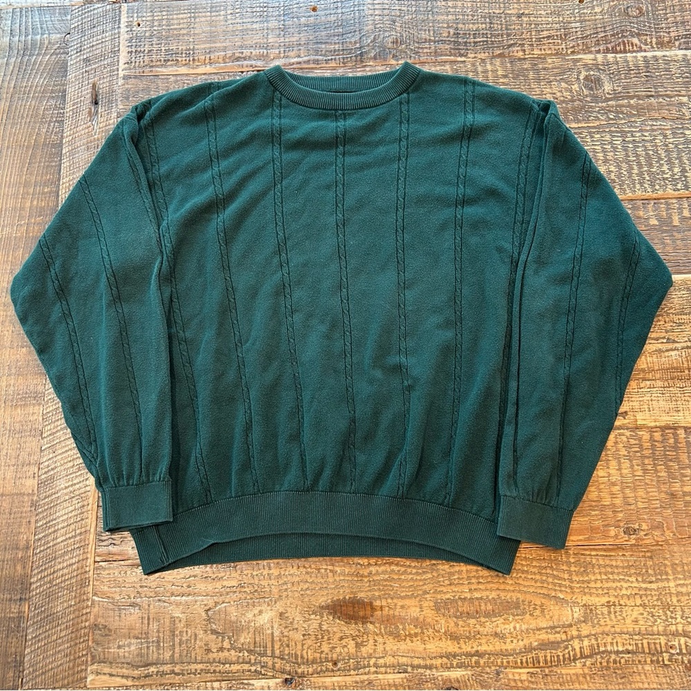 Woolrich Mens XL Green Cable Knit Crewneck Sweater 100% Cotton Outdoor Pullover